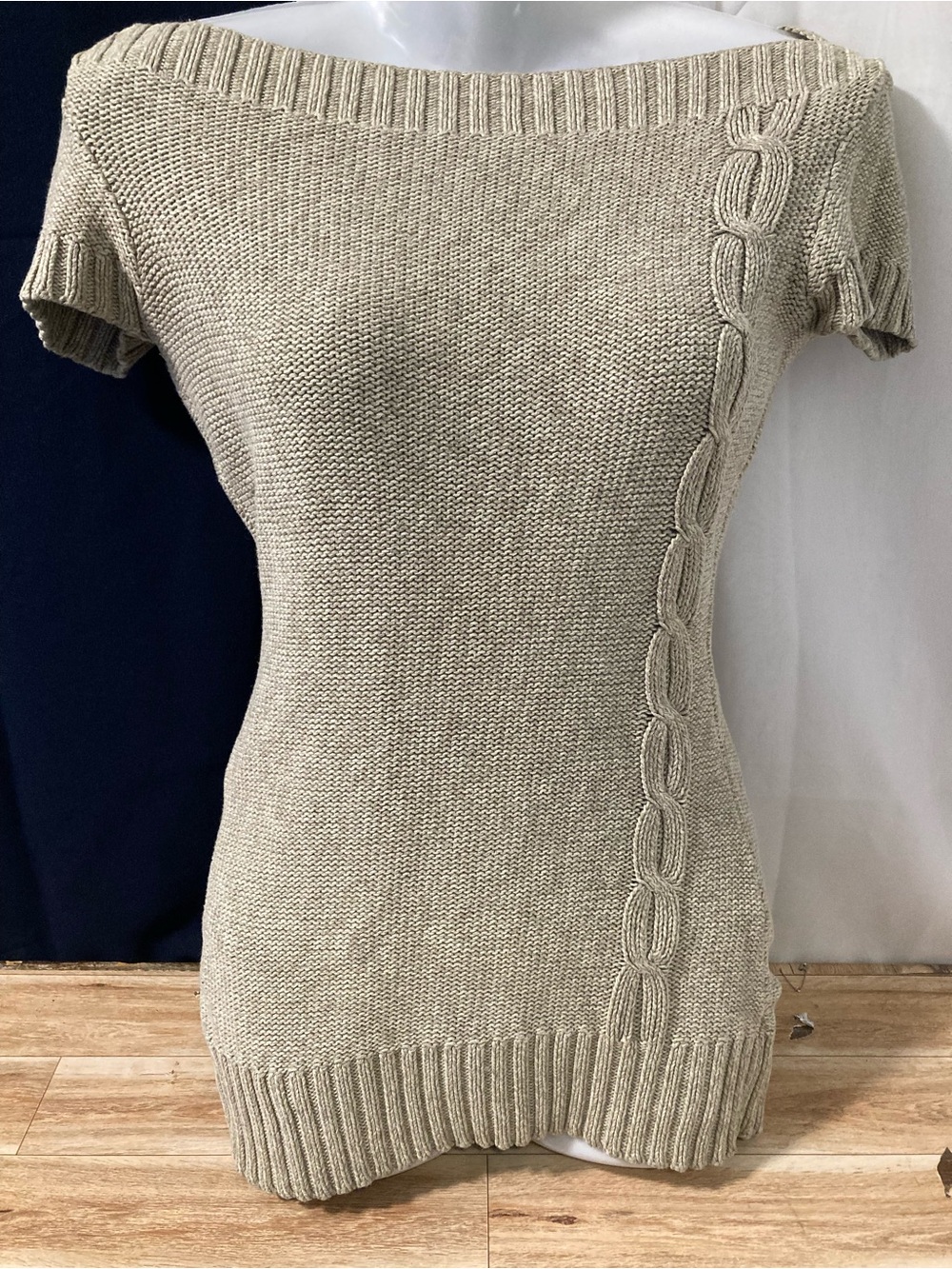 La Classe Couture Beige Cable Knit Boat Neck Sweater Top Short Sleeve S/P